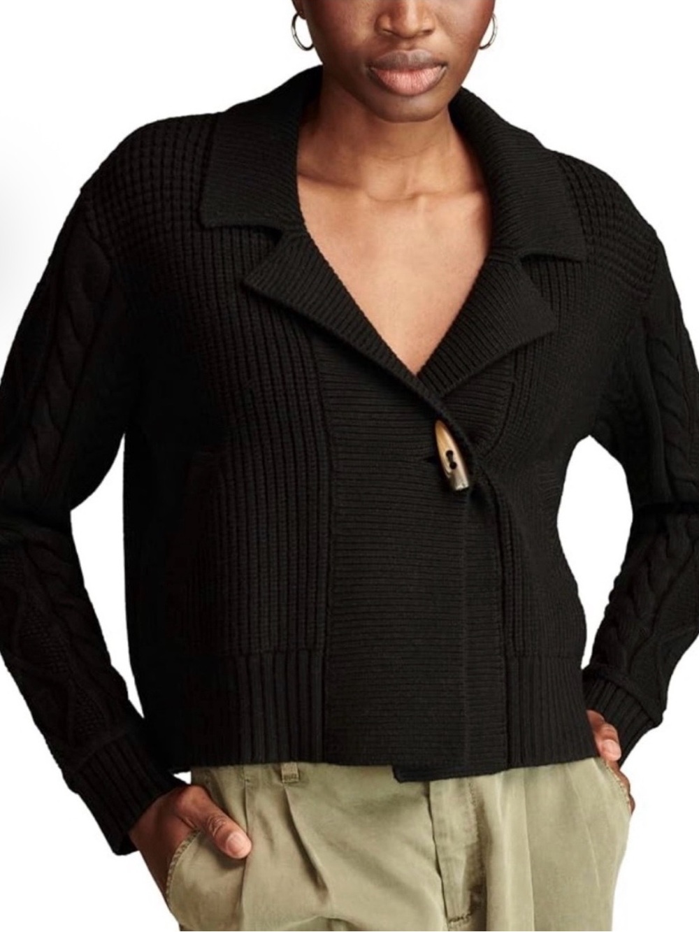 NWT Lucky Brand Women's Mixed Yarn OTT Dark Black Sweater Cardigan Size Medium